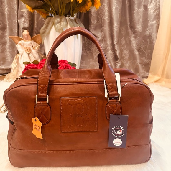 Boston Red Sox Genuine Leather Travel Bag w/ Trolley slip sleeve.